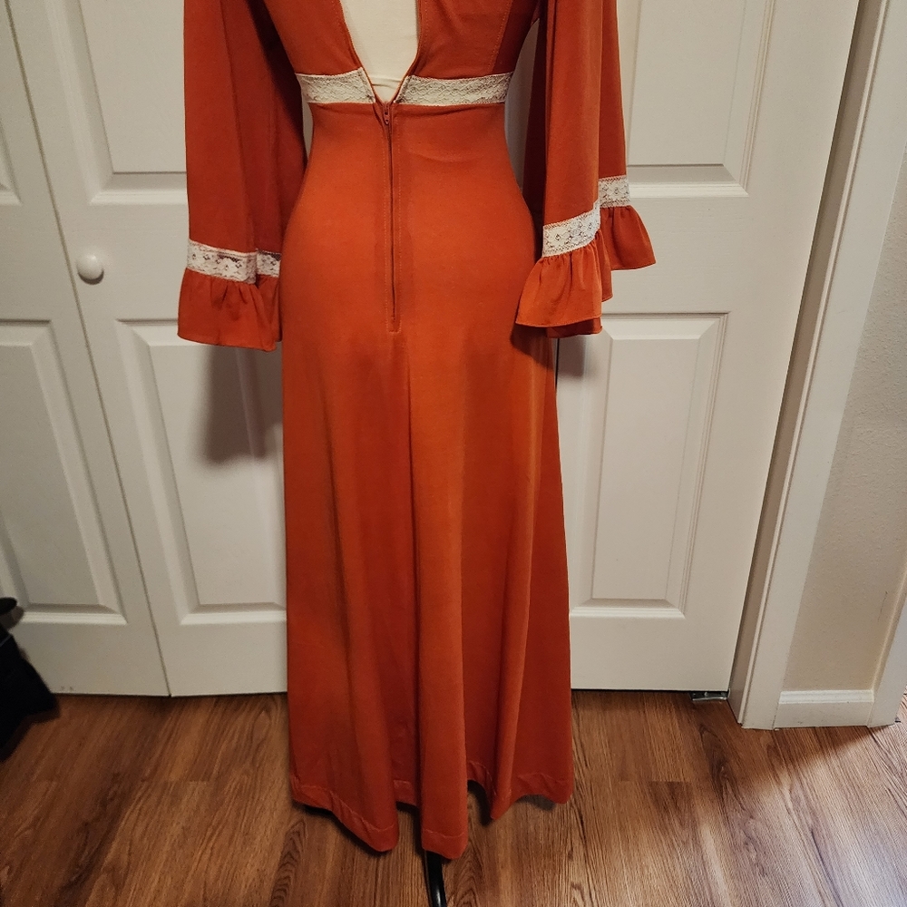 Vintage Rust & Cream Empire Wasit Prairie Lace Ruffle Bell Sleeved Dress - Picture 11 of 16